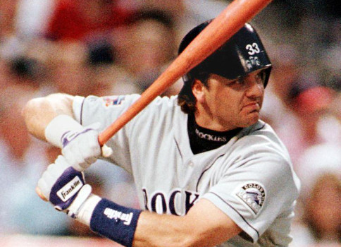Larry Walker of the Colorado Rockies wears his bat